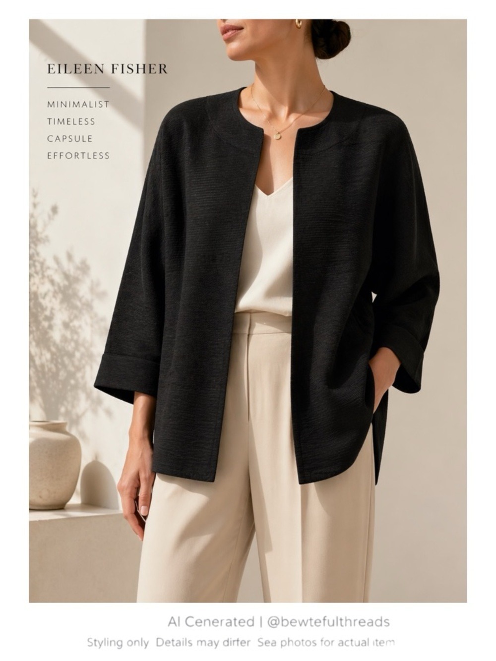 Eileen Fisher Black Textured Open Front Jacket Lined Cotton Blend Medium
